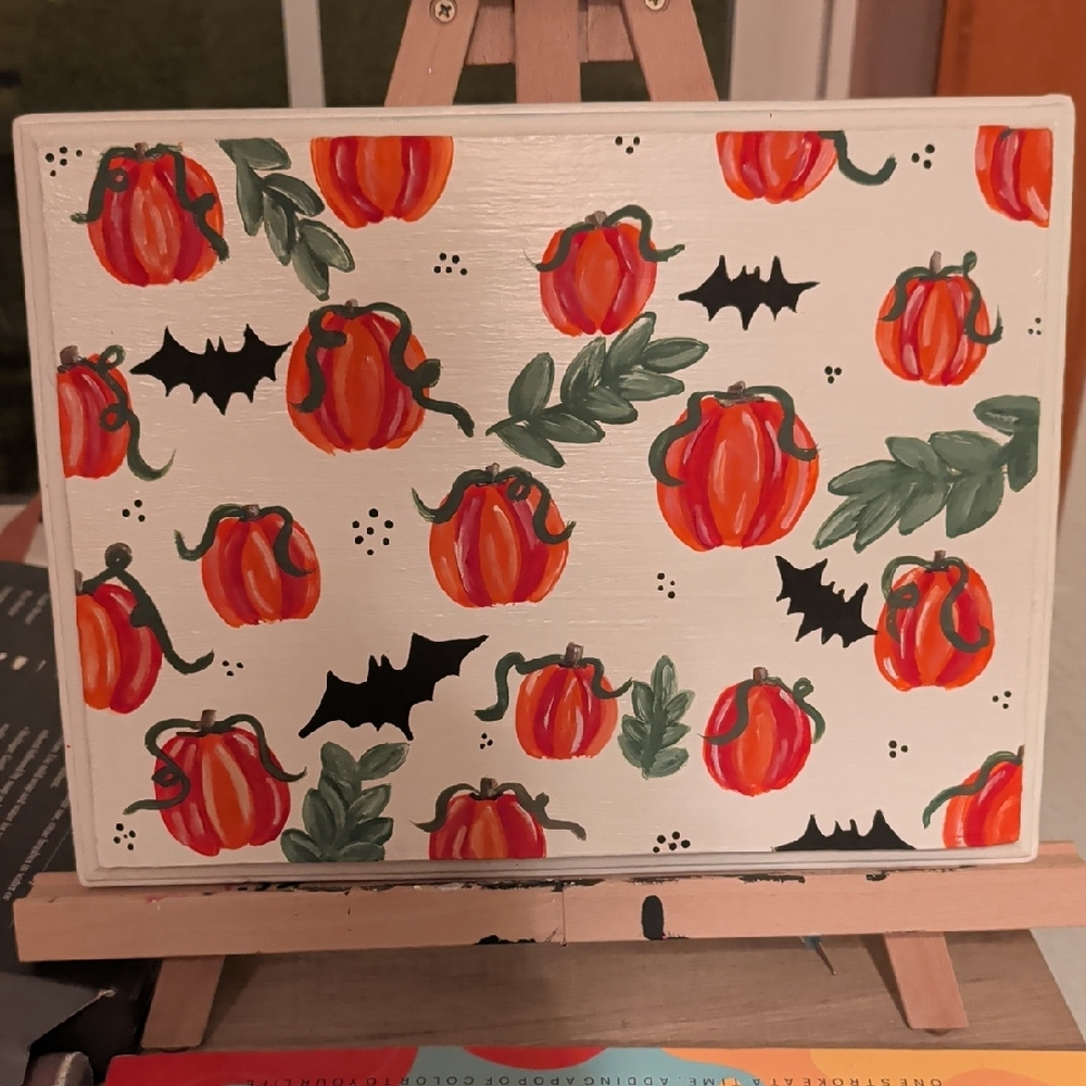 Hand-Painted Pumpkin and Bat Sign - Wood - Can be customized